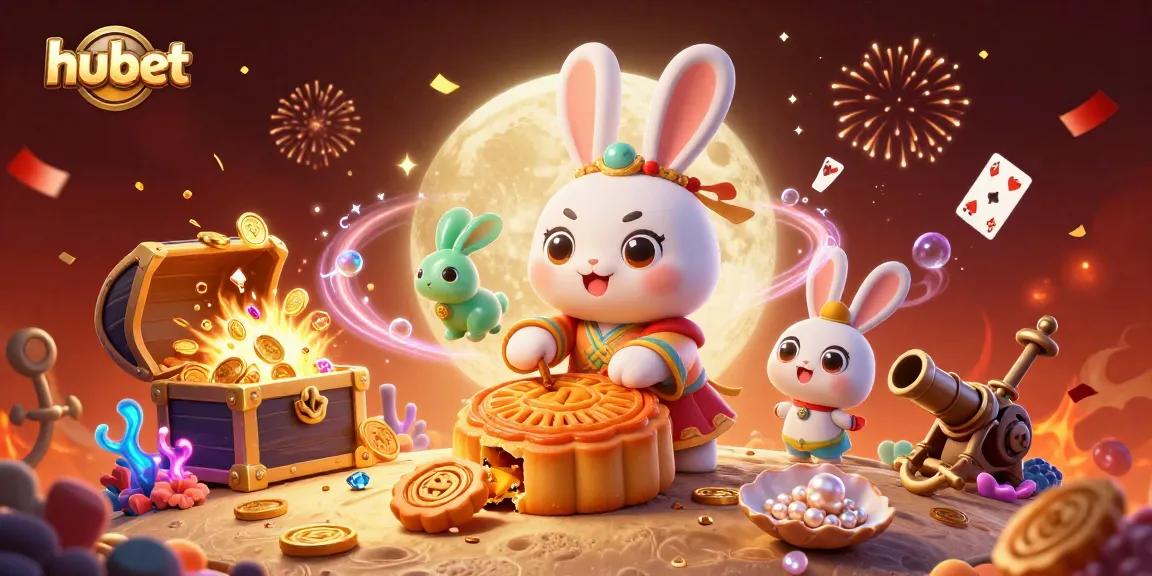 Bet and win with Hubet as a cartoon moon rabbit creates poker chips from mooncakes.