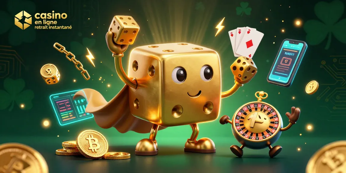 Jouez à casino en ligne retrait instantané avec des dés dorés et des éléments de crypto dans une illustration 3D animée.