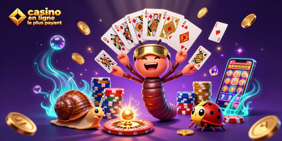 Découvrez le casino en ligne le plus payant avec une illustration dynamique de personnages animés, cartes et jetons.