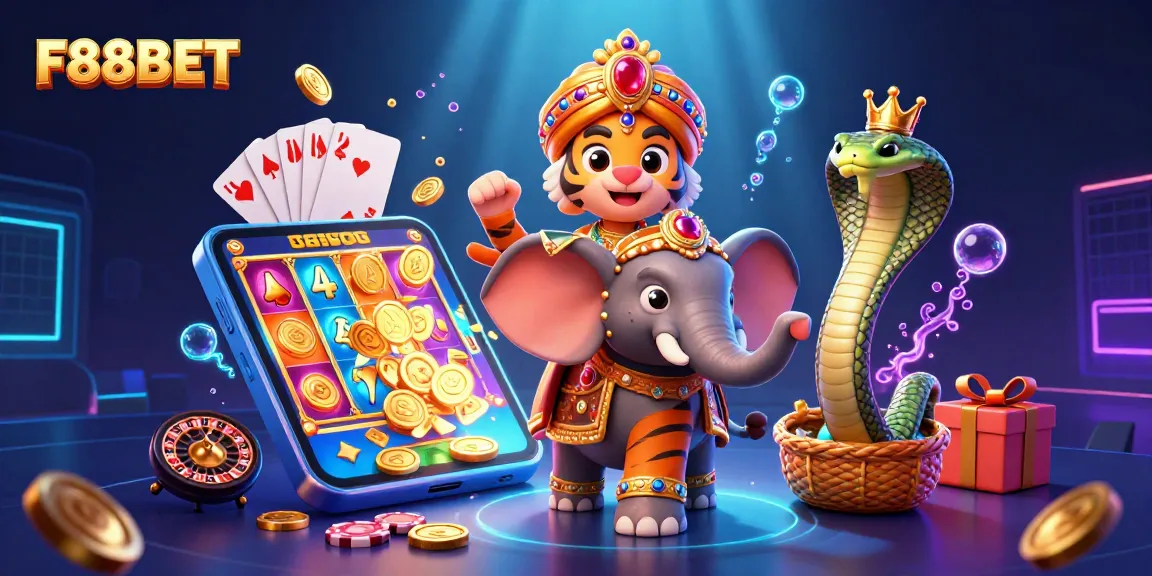 Engage with F88BET as a royal tiger and elephant reveal vibrant casino games.