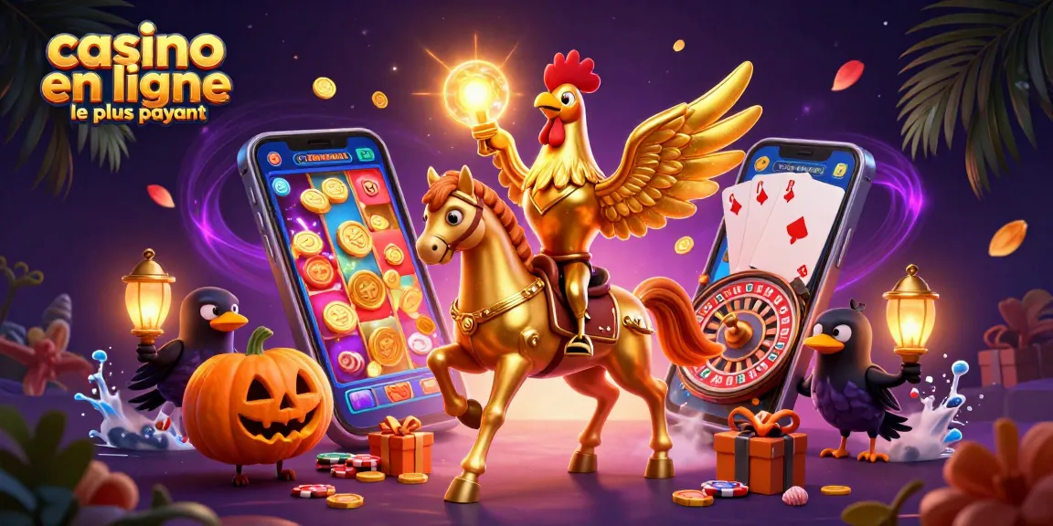 Illustration dynamique de casino en ligne le plus payant, représentant un coq doré et ses compagnons dans un décor nocturne.