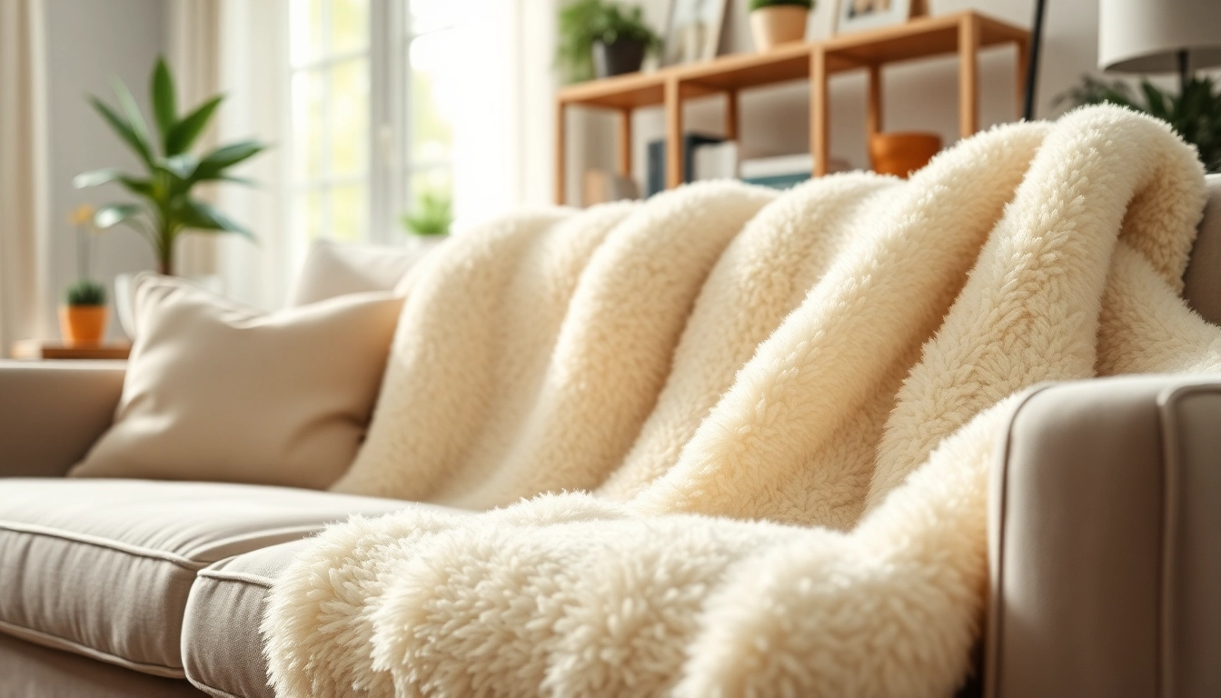 Fleece stof uitgestald op een moderne bank in een gezellige woonkamer met warme verlichting.