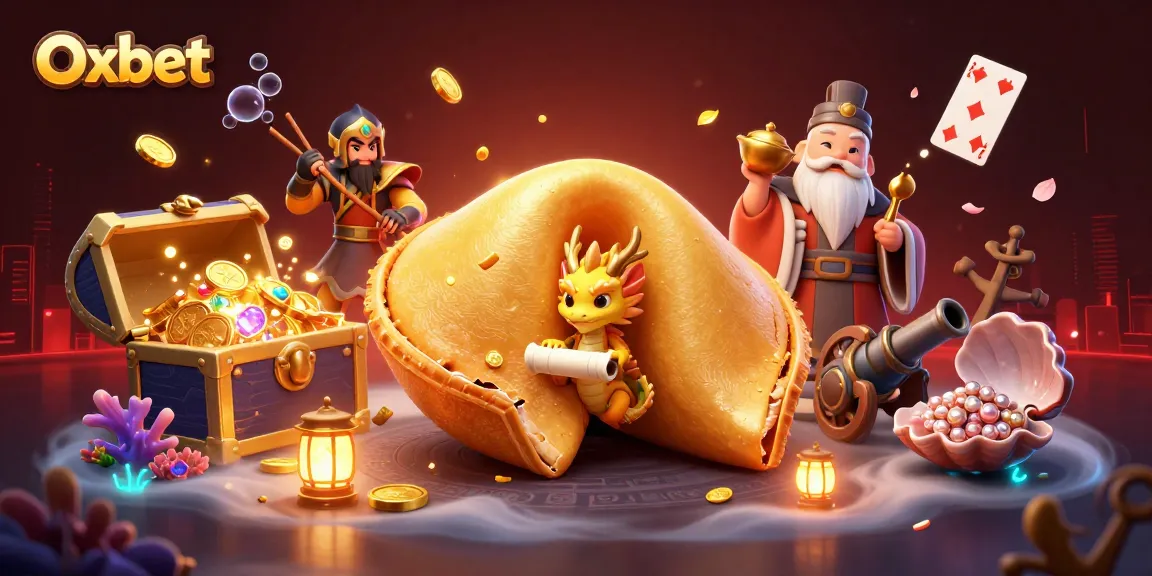 Engage with Oxbet's casino experience featuring a dragon, fortune cookie, and treasure elements.