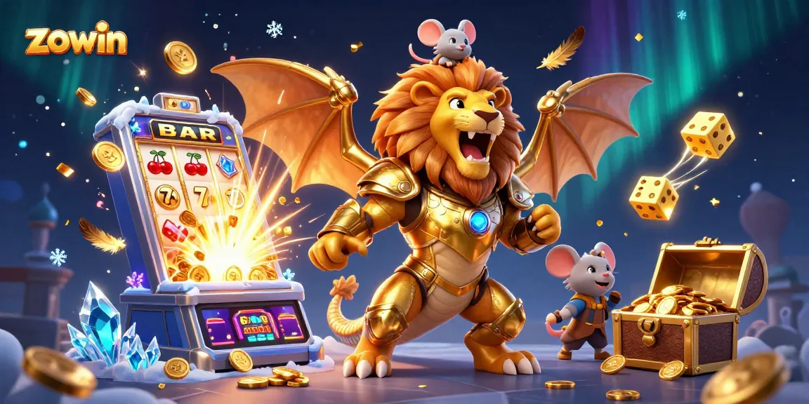 Zowin stands out with a golden chimera and gaming elements celebrating big wins in vibrant casino action.