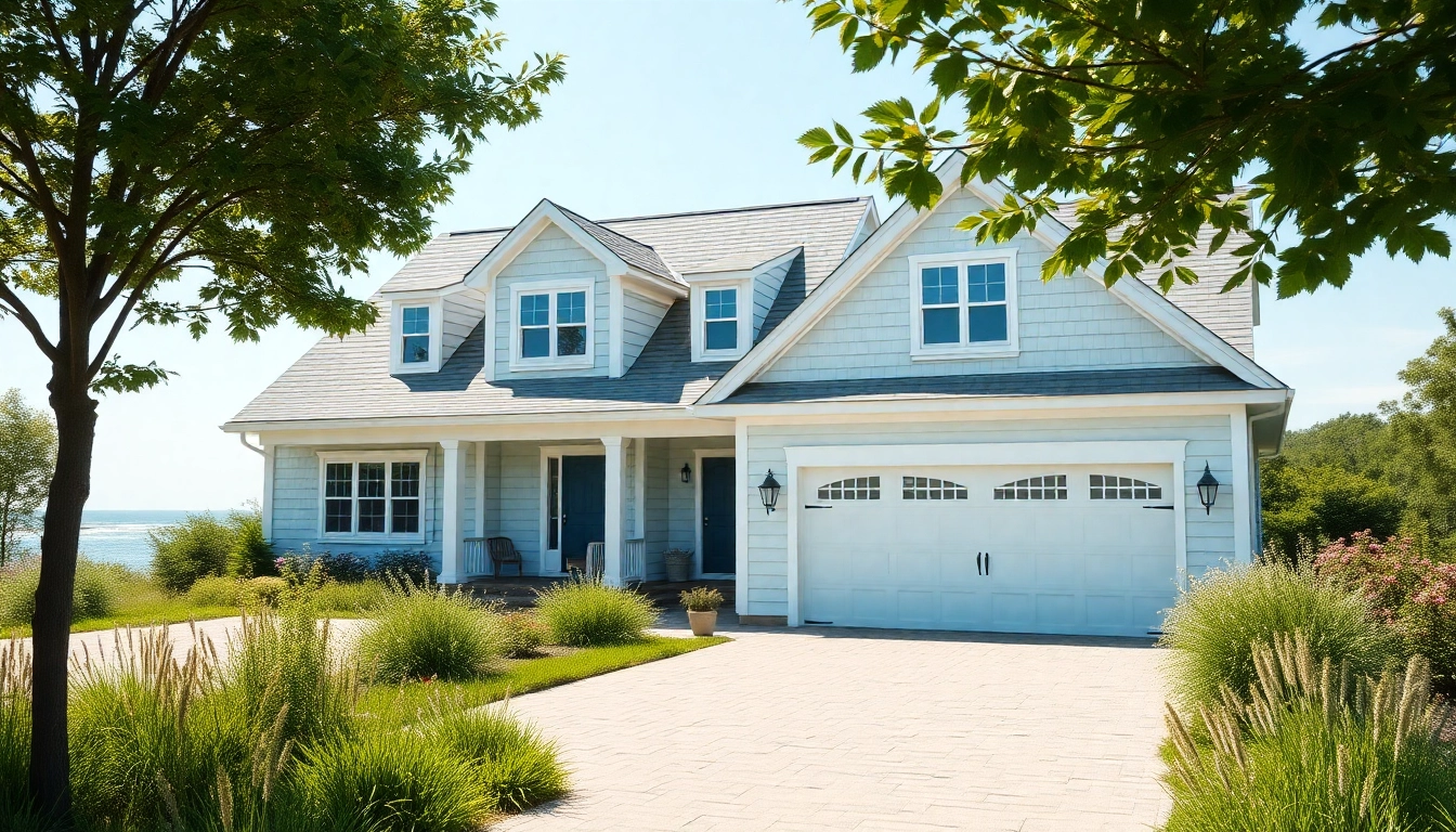 Captivating view of a cape cod home with a stylish attached garage, surrounded by nature.