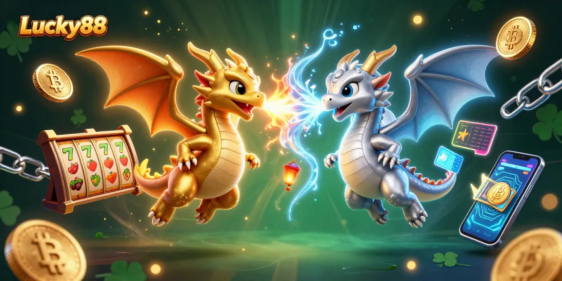 Engage with Lucky88: Experience the thrilling slot adventure amid gold and silver dragons and shimmering coins.