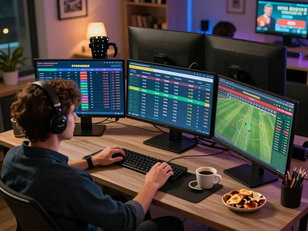 Person engaging with bookmakers stranieri on multiple screens, dynamic sports betting atmosphere