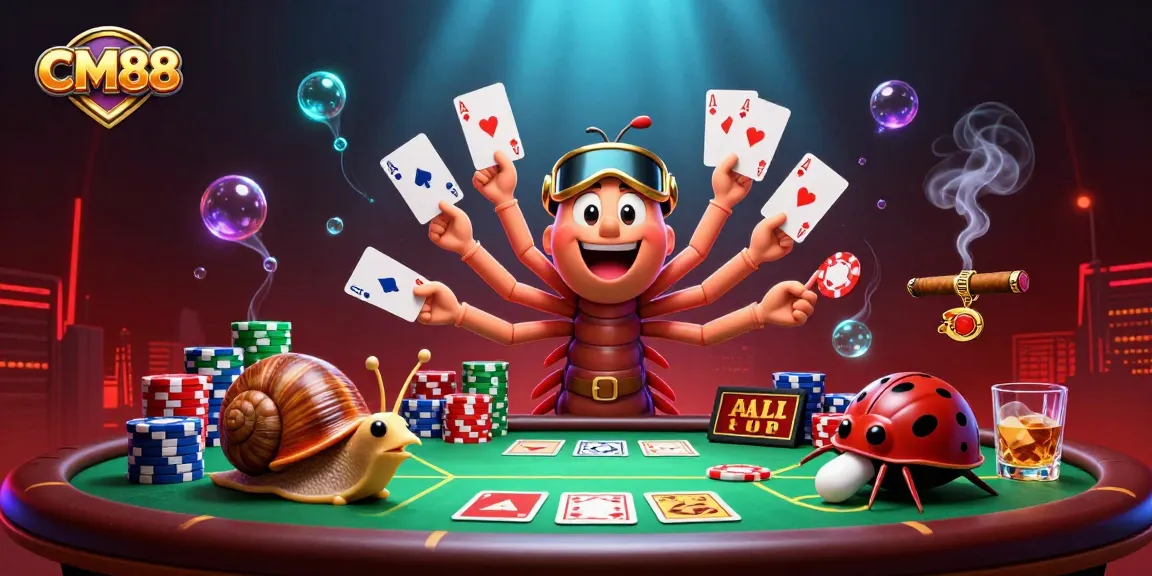 CM88 dealer fanning out cards while a snail high-roller pushes chips in a vibrant casino scene