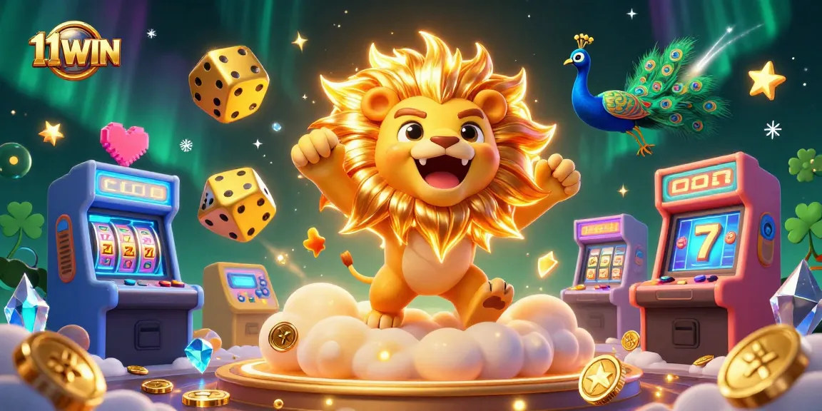 Spin and win big with 11WIN showcasing vibrant casino-themed characters and elements.
