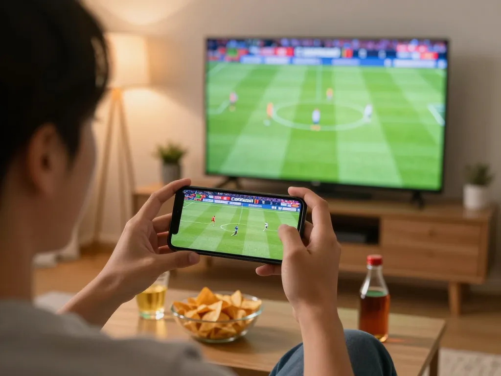 Engaging with the football stream Cakhiatv in a modern living room during a live match.