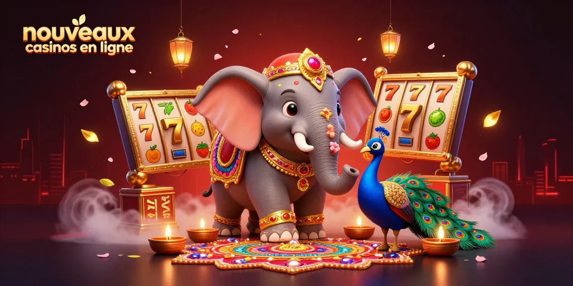 Plongez dans l'univers des nouveaux casinos en ligne avec une illustration colorée d'un éléphant diwali et un paon.