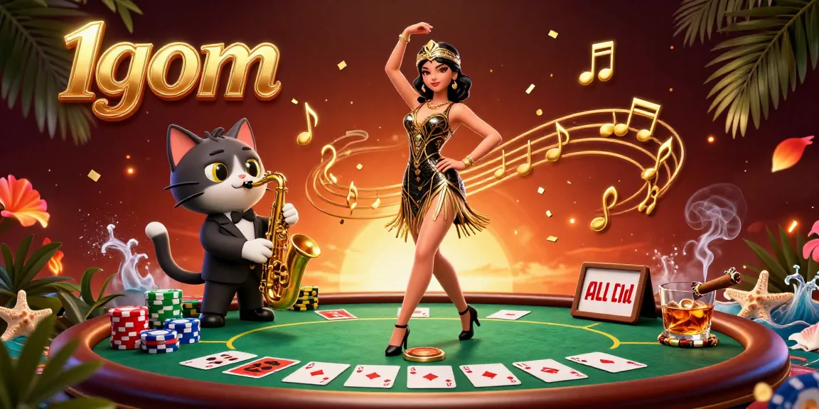 Engage with 1gom in a vibrant dance scene showcasing casino elements and festive characters.