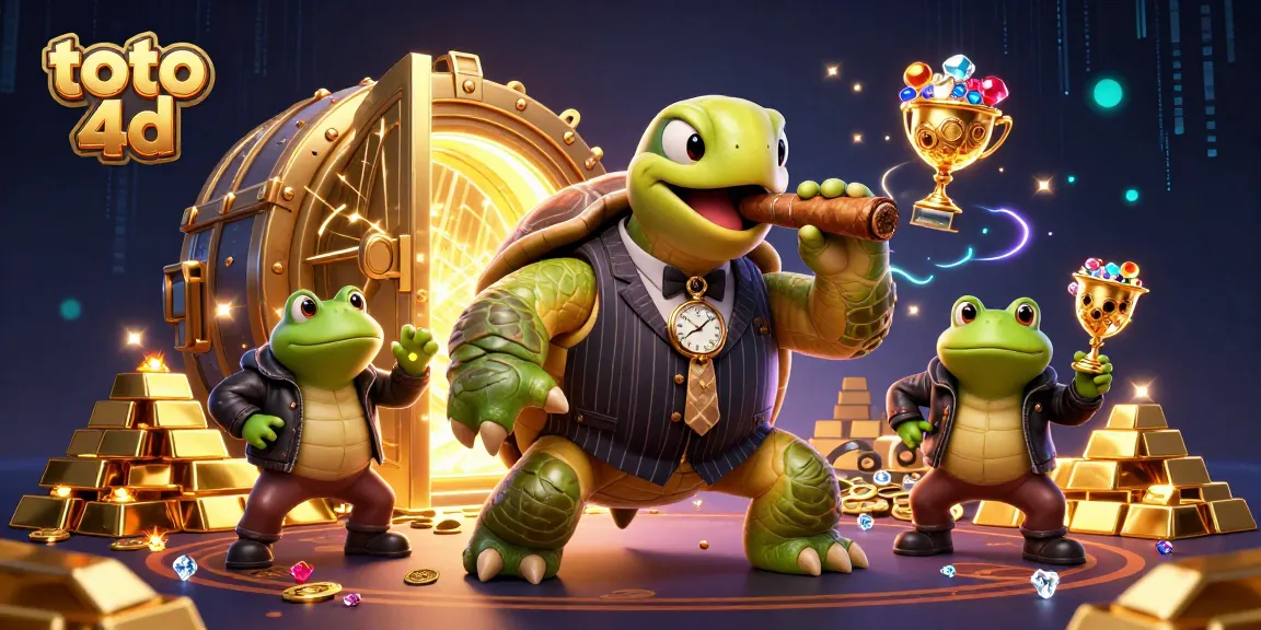 Experience thrilling toto 4d gaming with a vibrant 3D illustration of a turtle mobster, gold treasure, and casino lights.
