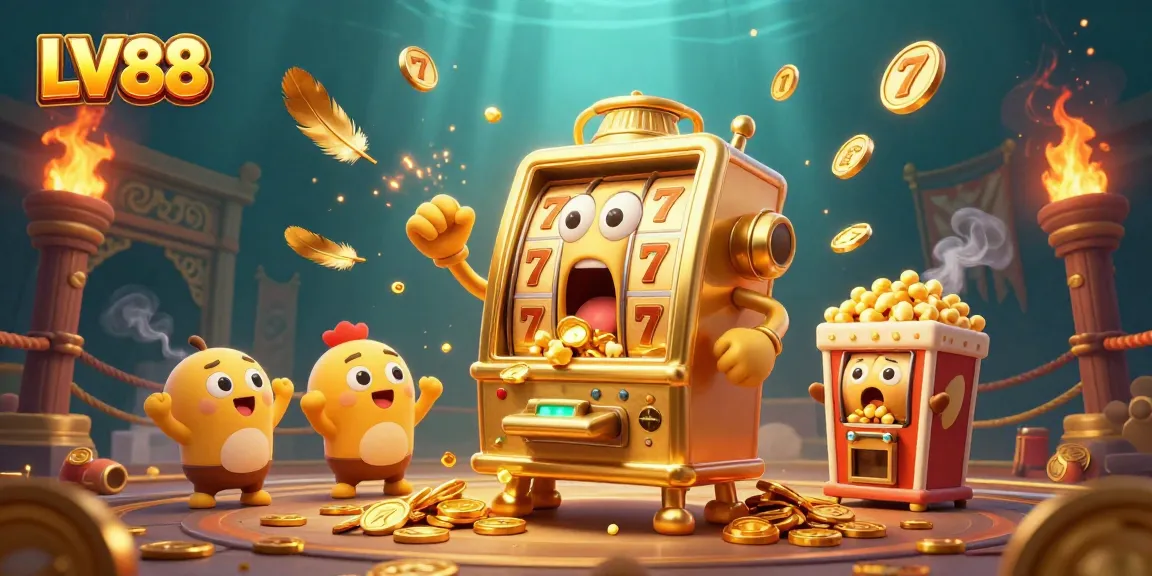 LV88 golden slot machine celebrates hitting a jackpot, coins pouring out amidst colorful casino elements.