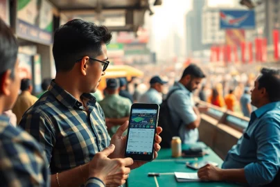 Engaged bettors using online sportsbooks India amidst a lively urban backdrop.
