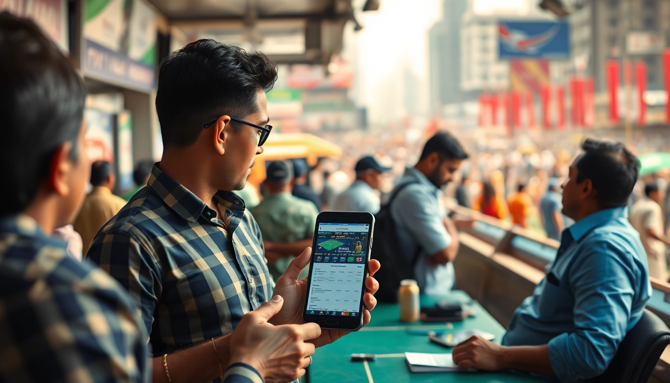 Engaged bettors using online sportsbooks India amidst a lively urban backdrop.