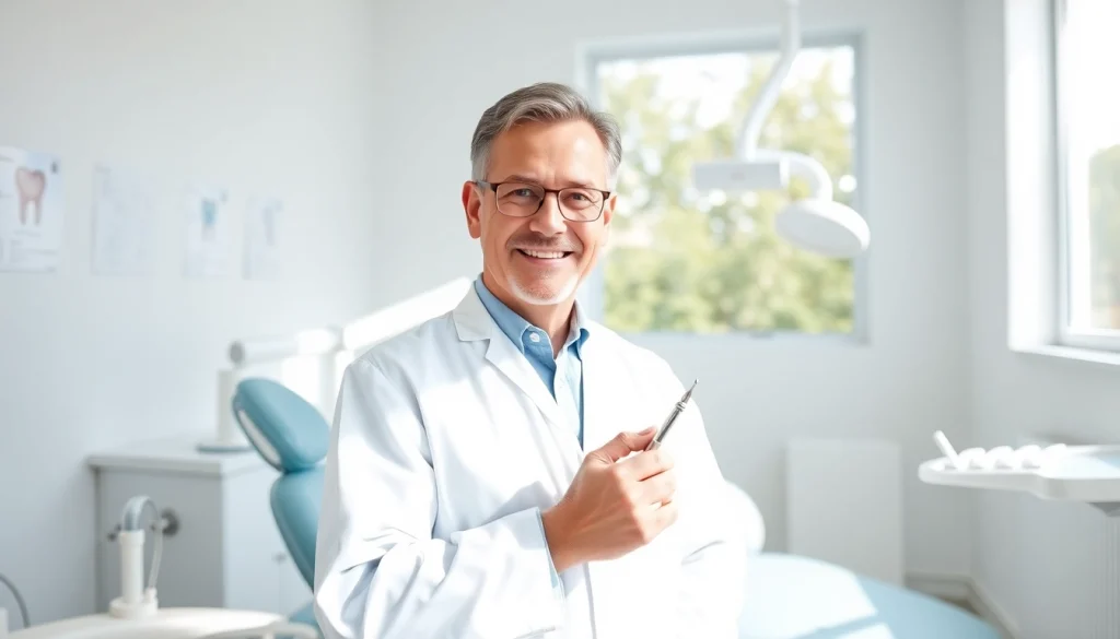 Dentist assisting a patient in a modern dental clinic with a friendly demeanor and professional tools.