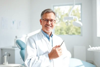 Dentist assisting a patient in a modern dental clinic with a friendly demeanor and professional tools.