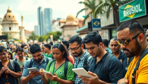 Illustration of lively bettors engaging with best sportsbooks Brazil in an energetic Brazilian setting.