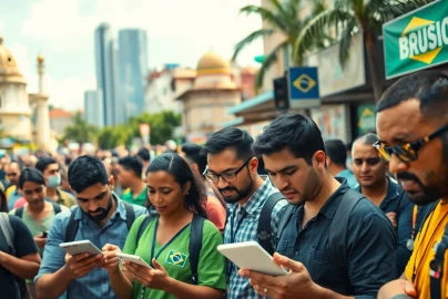 Illustration of lively bettors engaging with best sportsbooks Brazil in an energetic Brazilian setting.