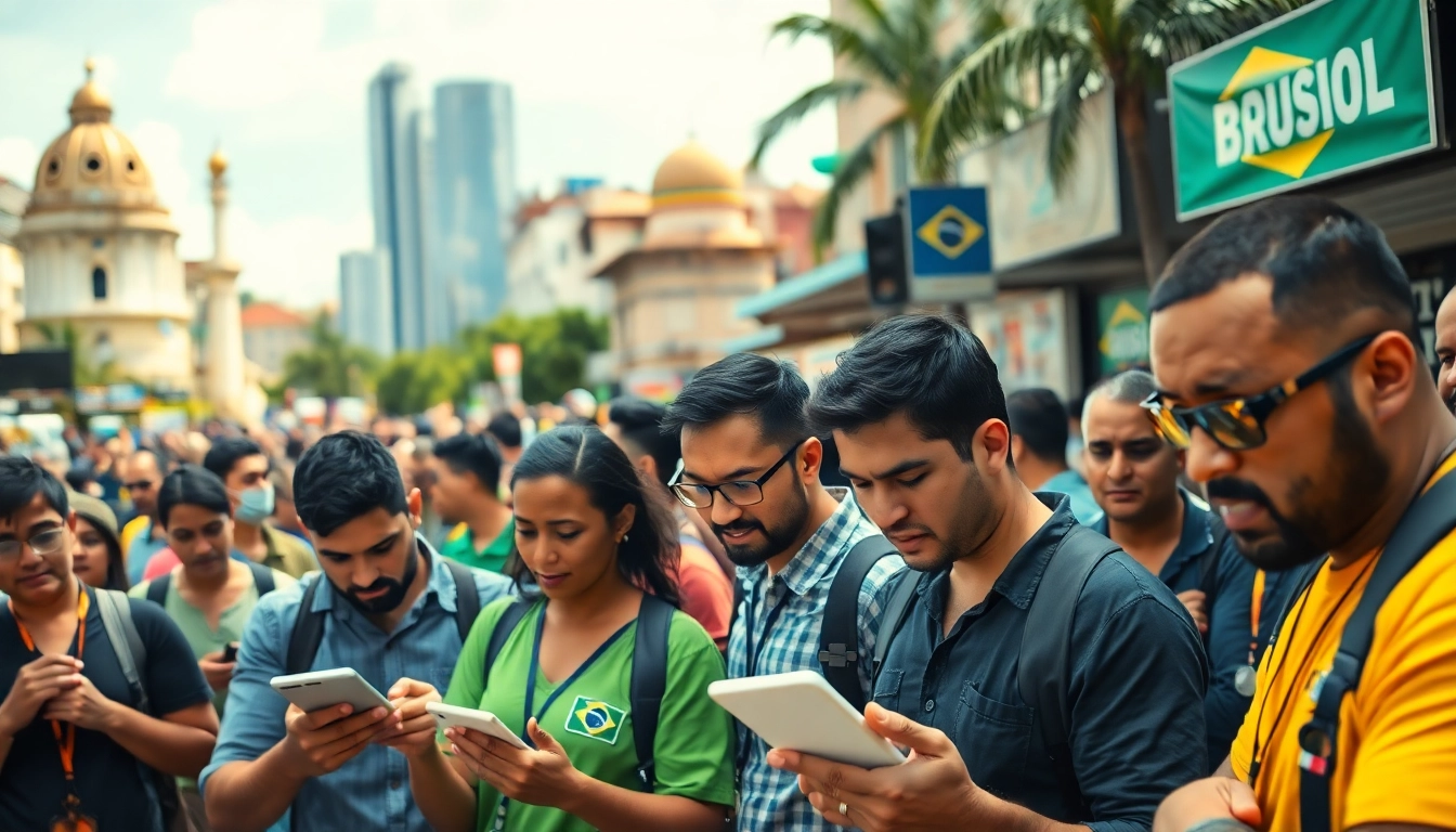 Illustration of lively bettors engaging with best sportsbooks Brazil in an energetic Brazilian setting.
