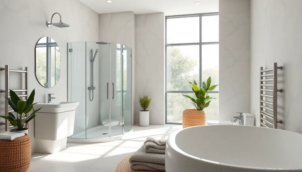 Sonni sanitär GmbH präsentiert hochwertige Duschelemente und Heizkörper in einem stilvollen Badezimmer.