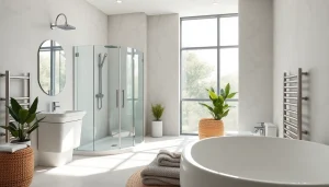 Sonni sanitär GmbH präsentiert hochwertige Duschelemente und Heizkörper in einem stilvollen Badezimmer.