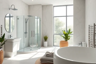 Sonni sanitär GmbH präsentiert hochwertige Duschelemente und Heizkörper in einem stilvollen Badezimmer.