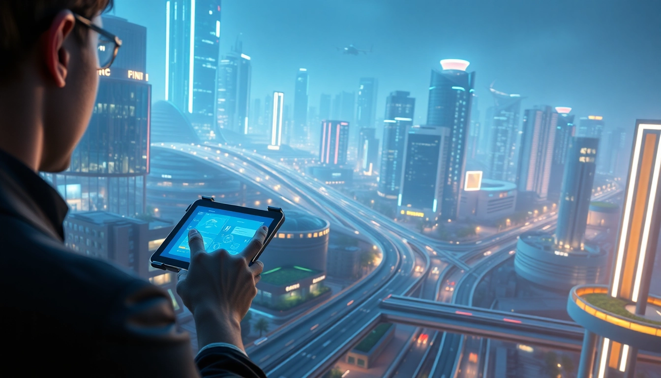 Technology interaction in a futuristic city showcasing advanced architecture and digital interfaces.