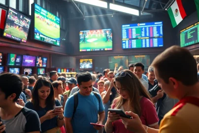 Engaged fans celebrating sports betting Mexico's thrilling atmosphere in a lively venue.