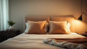 Cuscini letto decorativi abbelliscono un letto moderno, creando un'atmosfera accogliente.