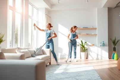 Cleaning Service team demonstrating expertise in a bright home environment, enhancing cleanliness.