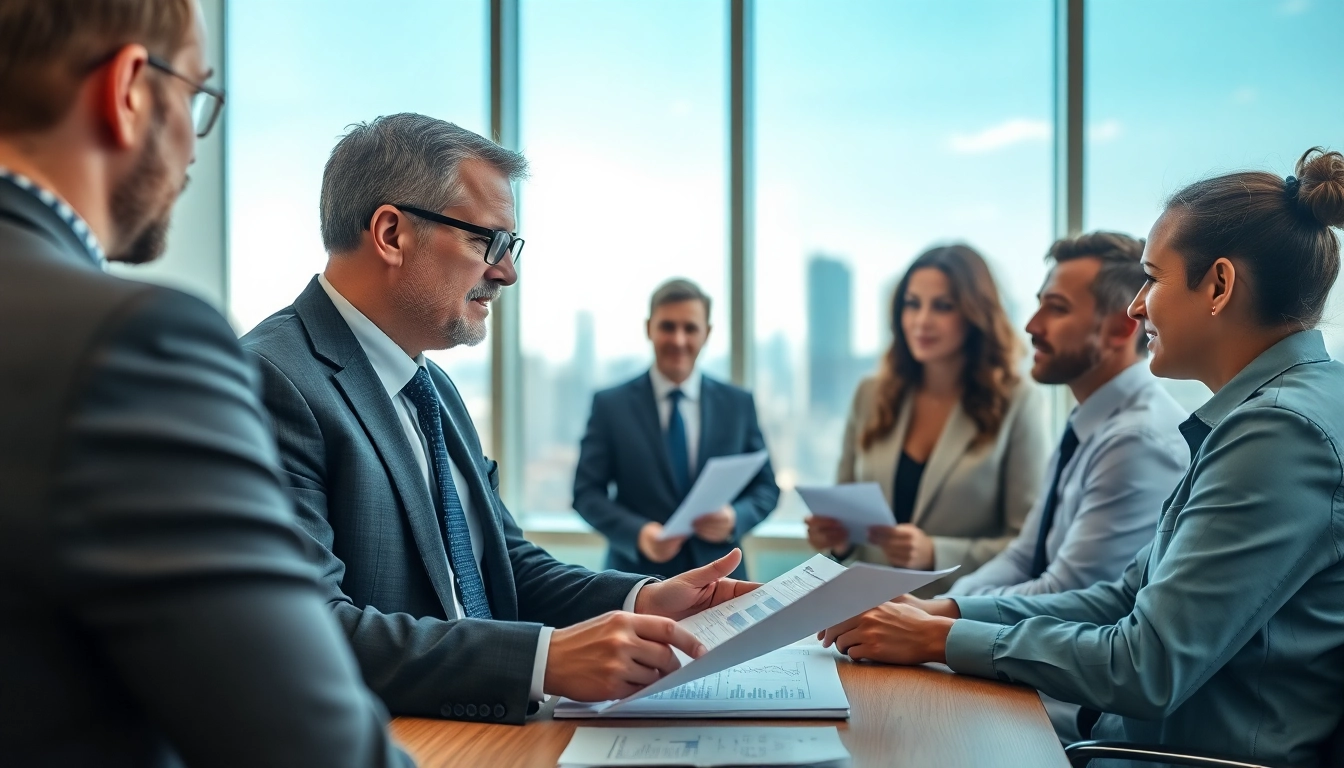 Engaging financial advisor guiding clients through tax planning and wealth management in a modern office.