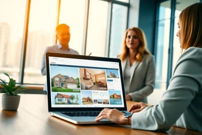 Real Estate agent demonstrating listings in a bright modern office with engaged clients.