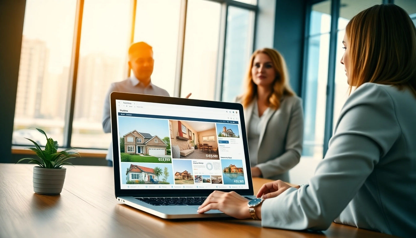 Real Estate agent demonstrating listings in a bright modern office with engaged clients.