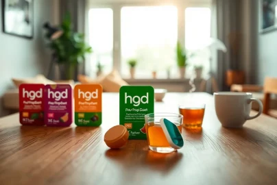 hqd pods in verschiedenen Farben geschickt auf einem natürlichen Holztisch platziert.