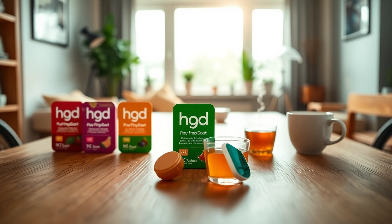 hqd pods in verschiedenen Farben geschickt auf einem natürlichen Holztisch platziert.