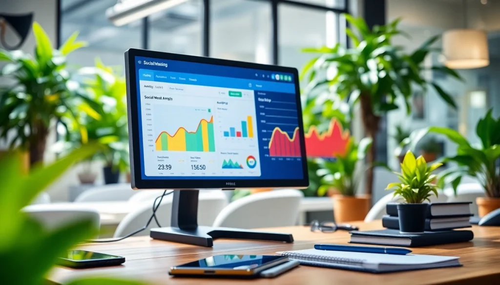 Elevate your strategy with a facebook smm panel, showcasing vibrant digital workspace and social analytics.