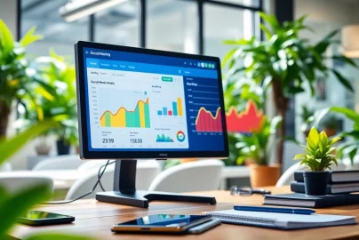 Elevate your strategy with a facebook smm panel, showcasing vibrant digital workspace and social analytics.