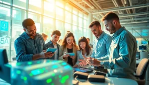 Showcasing a collaborative workspace with innovative Technology in use by diverse individuals.