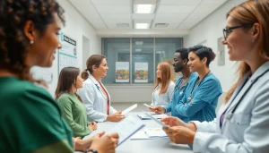 Engaging health conversation in a modern clinic highlighting diverse patients.