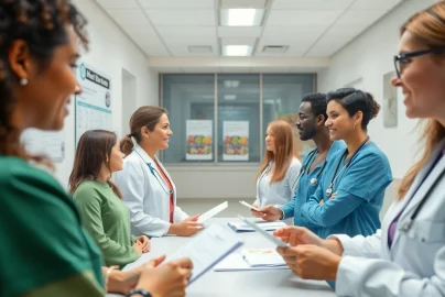 Engaging health conversation in a modern clinic highlighting diverse patients.