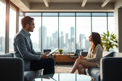 Real Estate agent engaging with a client in a bright, modern office.