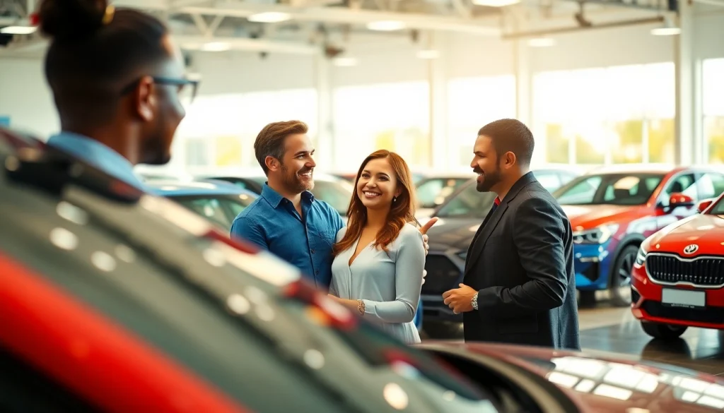 Buy a car with a diverse group of people engaging joyfully in the car dealership.