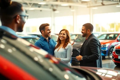 Buy a car with a diverse group of people engaging joyfully in the car dealership.