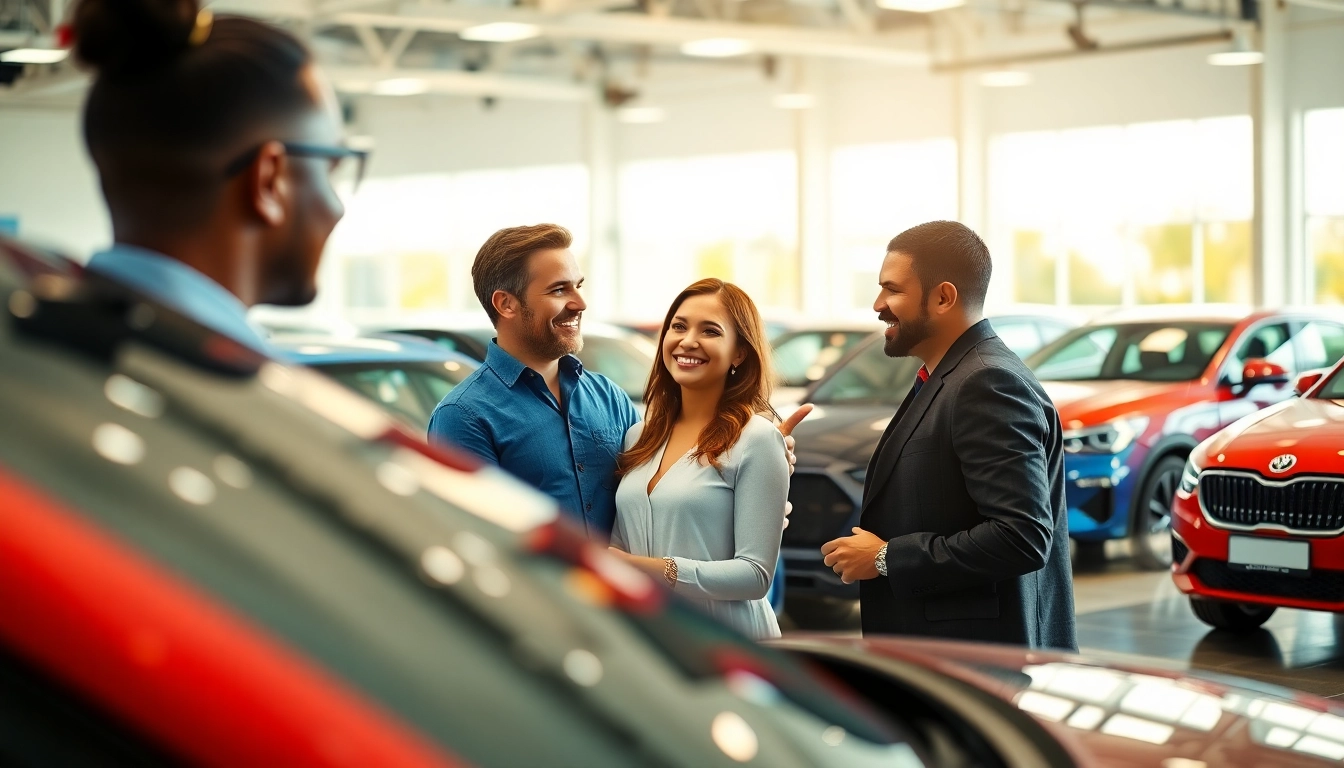 Buy a car with a diverse group of people engaging joyfully in the car dealership.