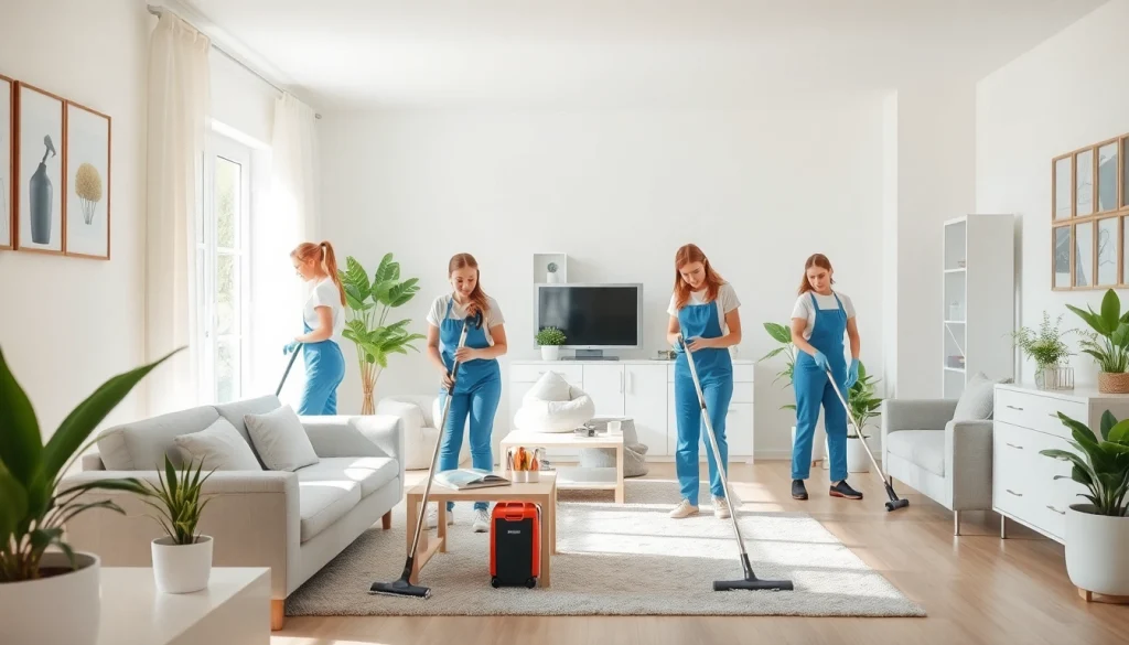 Cleaning Service team actively organizing and cleaning a modern home environment.