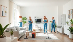 Cleaning Service team actively organizing and cleaning a modern home environment.