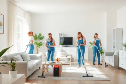 Cleaning Service team actively organizing and cleaning a modern home environment.