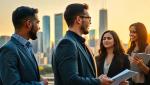 Job in Chicago seekers networking in front of Chicago skyline, showcasing diverse opportunities.